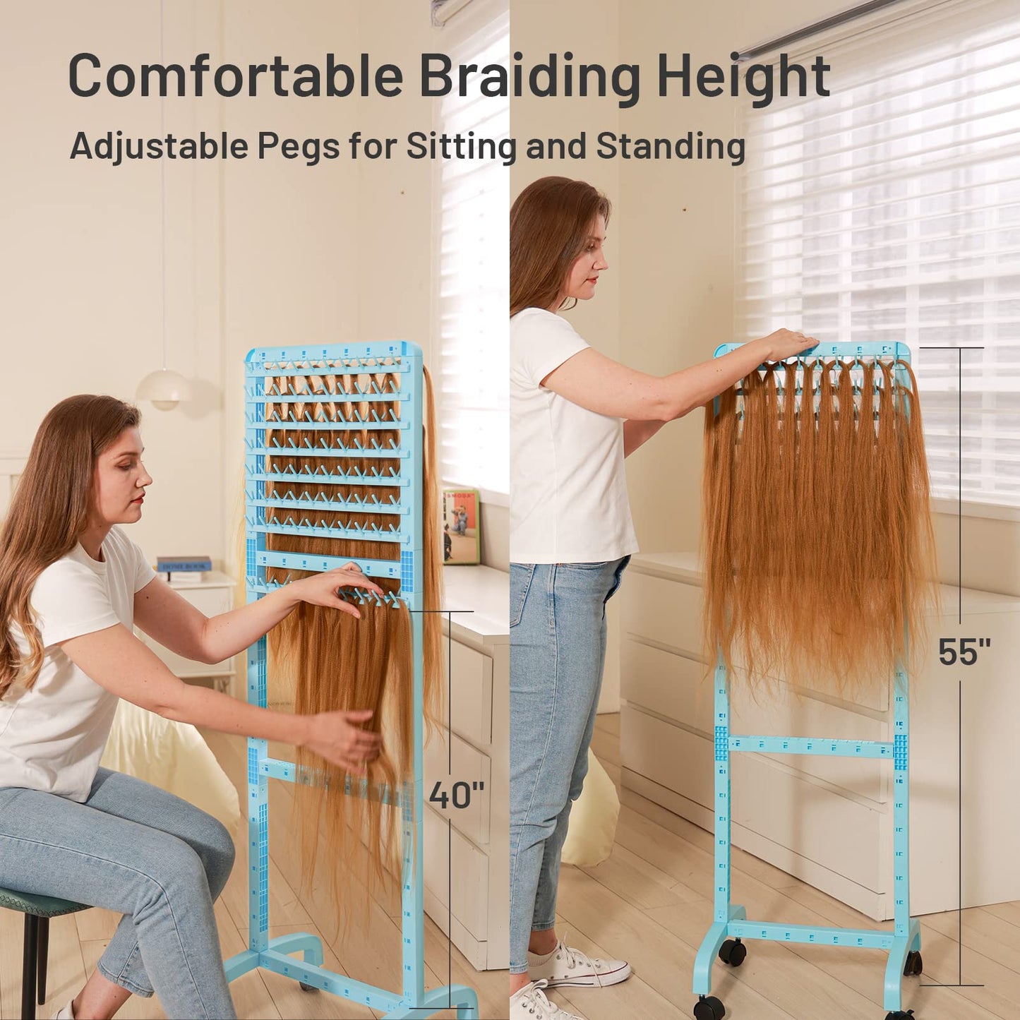 Yumkfoi Adjustable Braiding Hair Rack 160 Pegs, Double-Sided Standing Hair Stand for Braiding, Adjustable Height Braid Rack with Wheels for Stylists