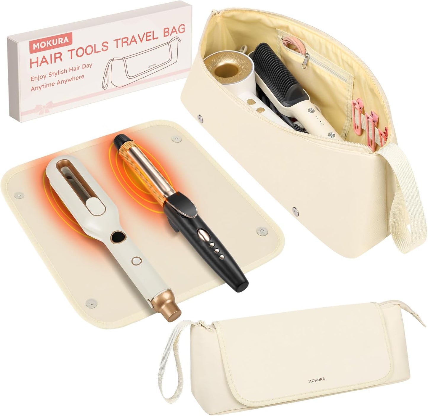 MOKURA Travel Hair Tools Organizer Bag - Heat Resistant Mat, Removable Storage Pouch for Curling Iron & Straightener | Black