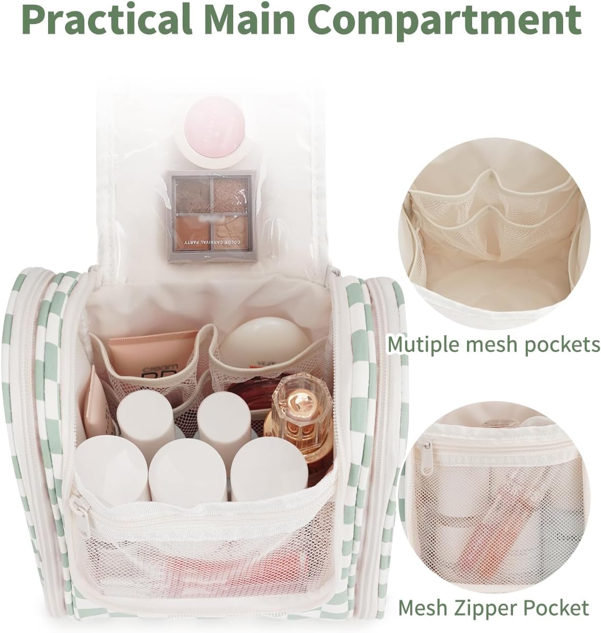 Narwey Hanging Travel Toiletry Bag - Checkered Makeup Organizer for Women | Mint Green Checkerboard Design