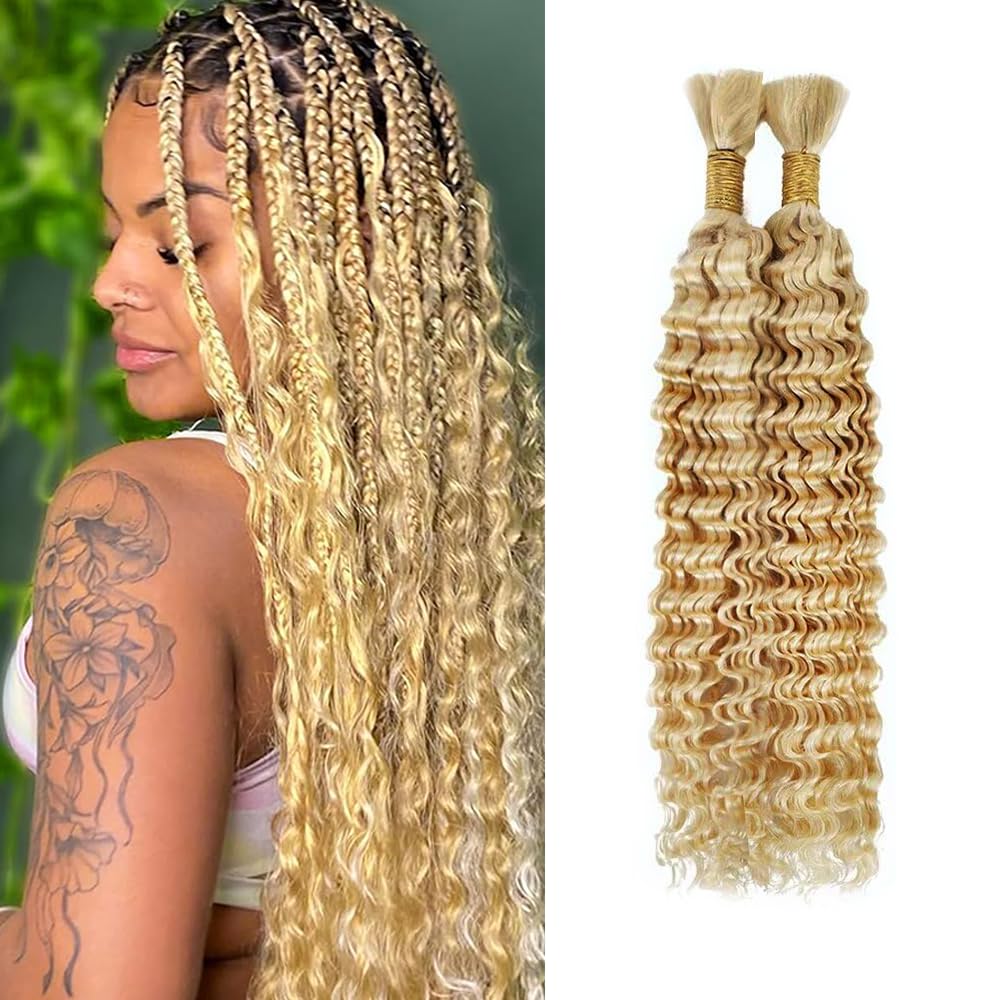 613 Boho Human Hair Blonde Braiding Hair Deep Wave Human Bulk 14 14 Inch 27/613 Deep Wave 2 Bundles No Weft Per Pack 100g