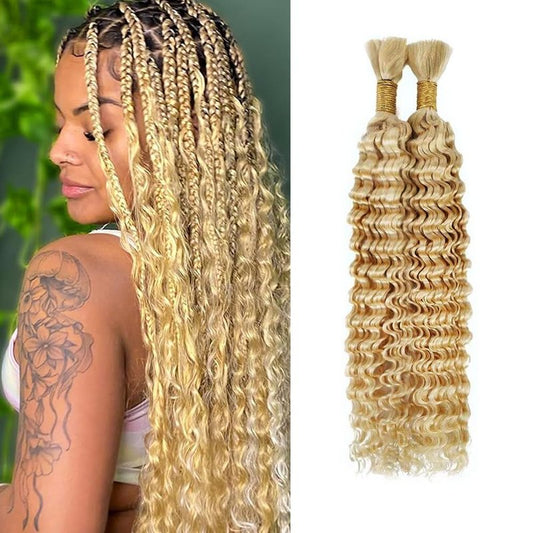 613 Boho Human Hair Blonde Braiding Hair Deep Wave Human Bulk 14 14 Inch 27/613 Deep Wave 2 Bundles No Weft Per Pack 100g
