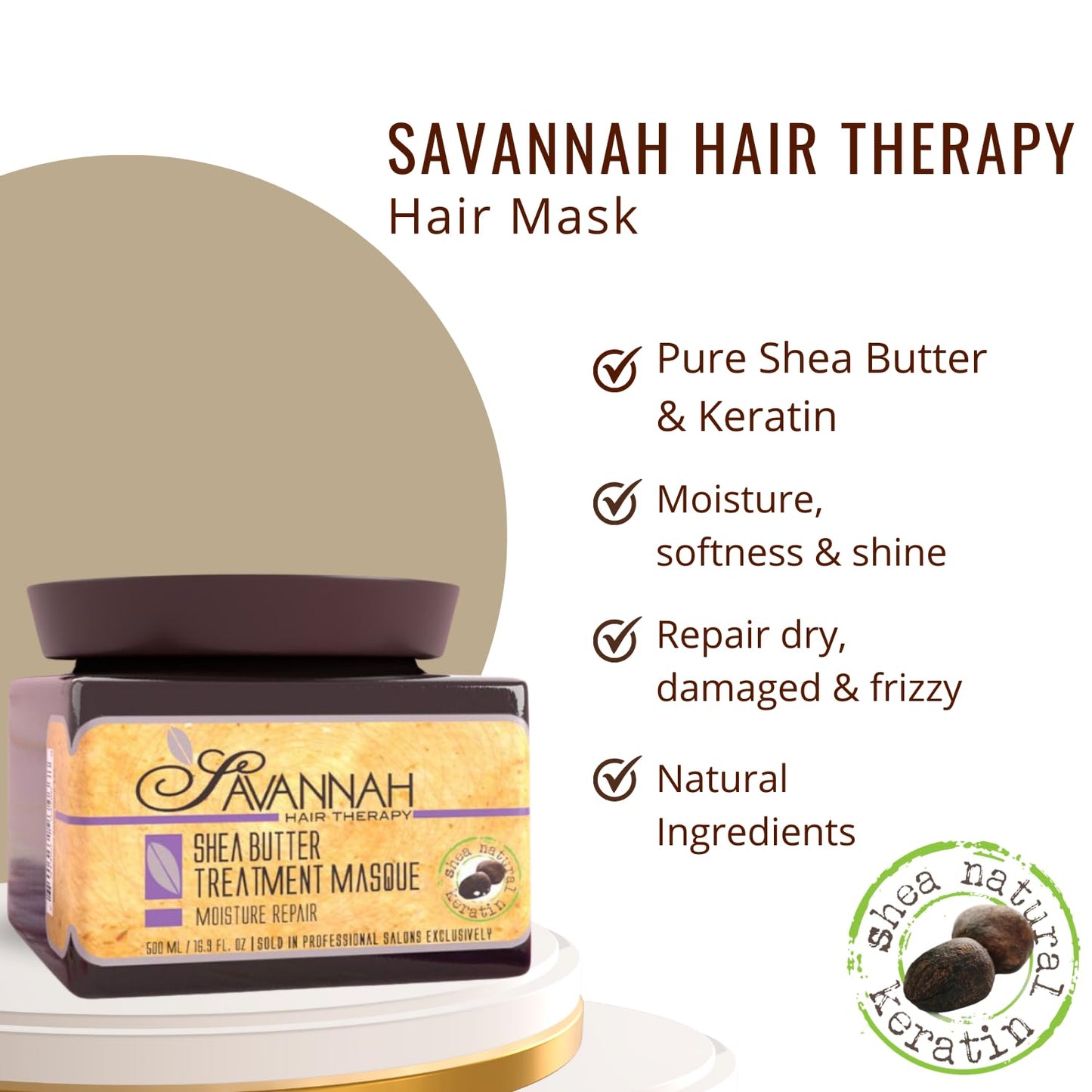 Savannah Hair Therapy Keratin Hair Mask Deep Conditioning Treatment, Shea Butter, Vitamins A E F, Sulfate & Paraben Free, for Dry Damaged Curly Color Treated Bleached Hair, Anti Frizz, 16.9 oz