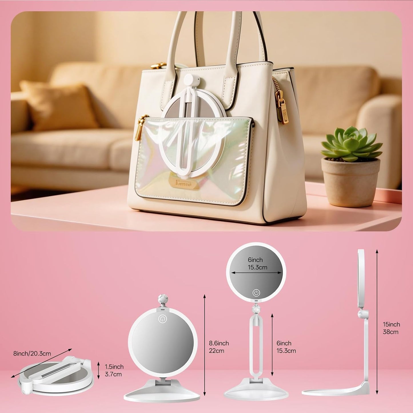 Travel Makeup Mirror with Lights - Double-Sided 10X/1X Magnifying | 3 Color Dimming, Foldable & 360° Adjustable