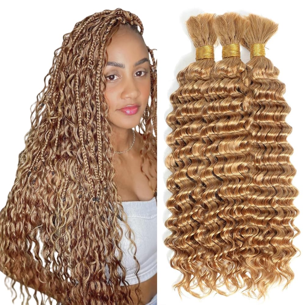 34 34 34 Inch Honey Blonde Human Braiding Hair For Boho Braids Blonde Human Braiding Hair Deep Wave #27 Bundles Boho Braids 150g