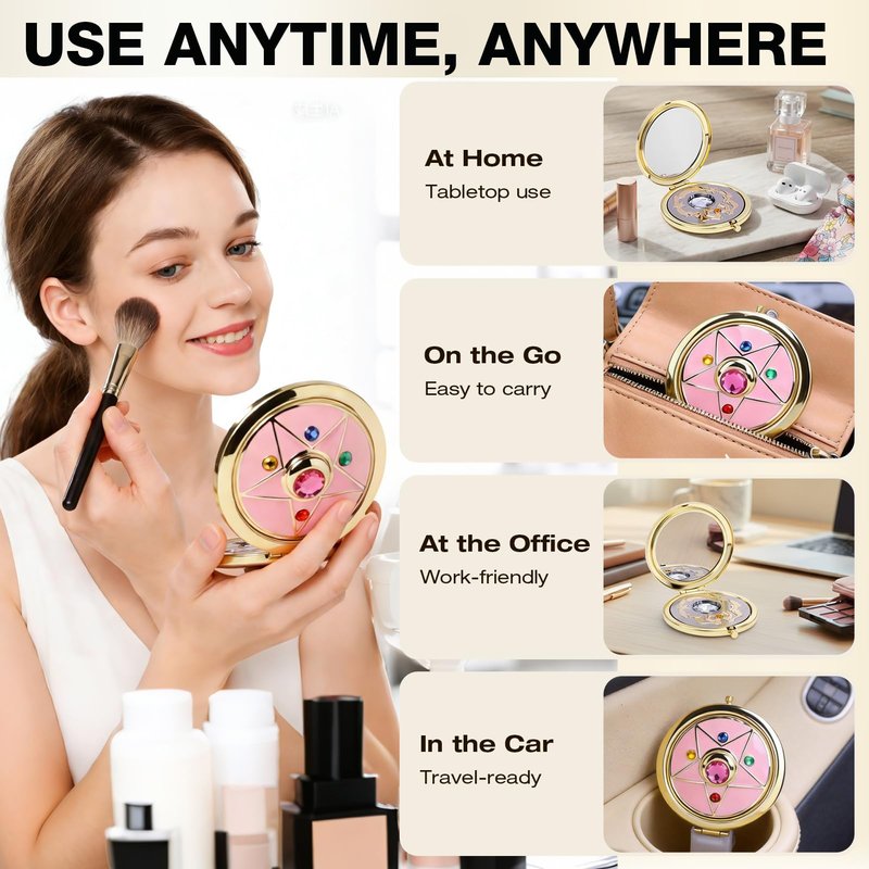 Saluaqui Anime Star Makeup Mirror, Cute Japanese Style Portable Folding Mirror with Crystal - 2.75 Inch Travel Purse Mirror, Unique Cosmetic Mirror & Cosplay Prop Gift for Women and Girls