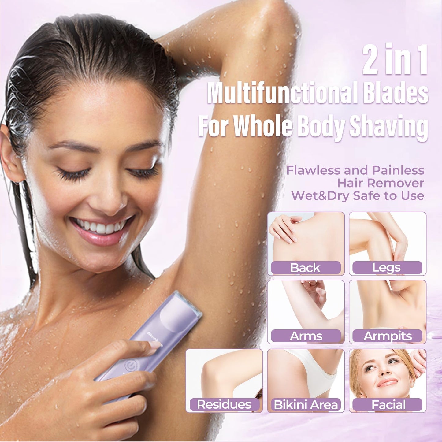Akunbem Bikini Trimmer for Women - 2 in 1 Electric Razors for Women - Dual Head Electric Shaver - IPX7 Waterproof Wet & Dry Use Body Hair Trimmer and Facial Hair Remover for Bikini Underarm Leg Arm