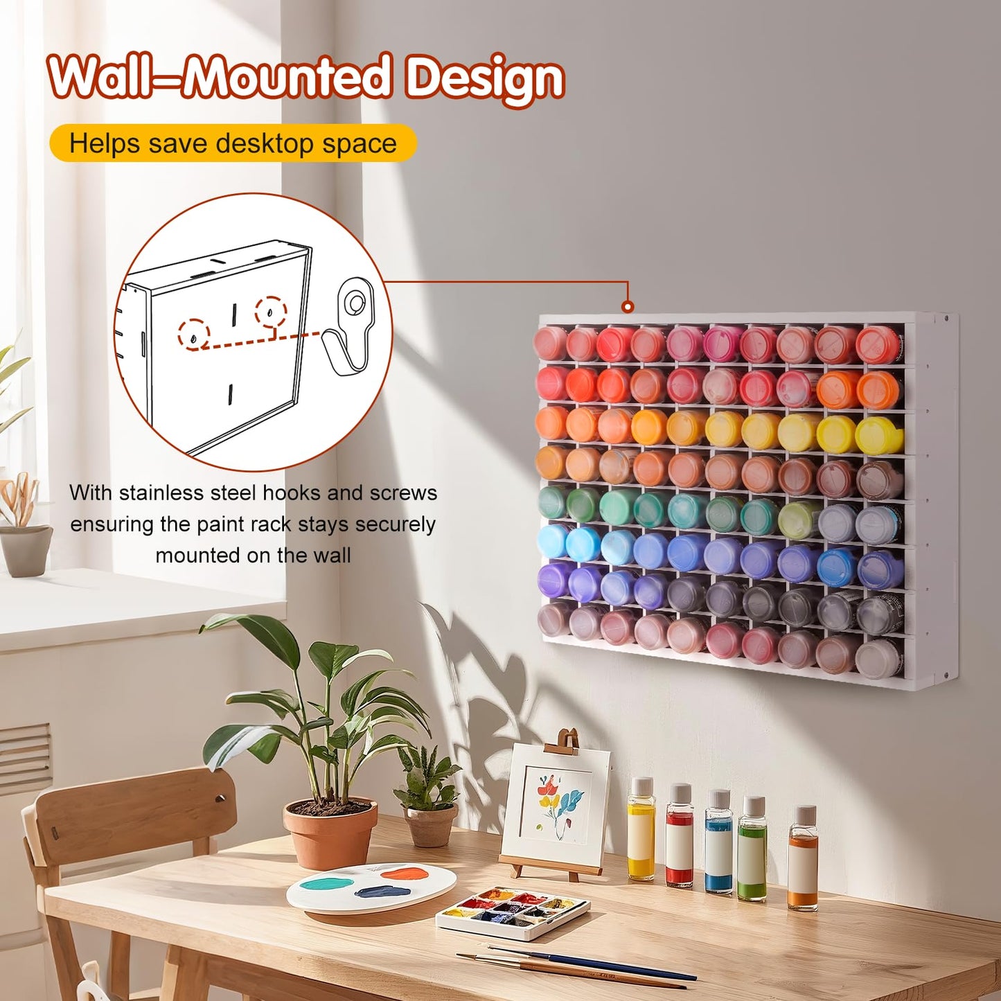 Krafetto 80 Grids Paint Organizer Storage Rack, Wall-mountable Craft Paints Holder, Paint Bottle Organizer Rack Stand for 2 oz Acrylic Craft Paints