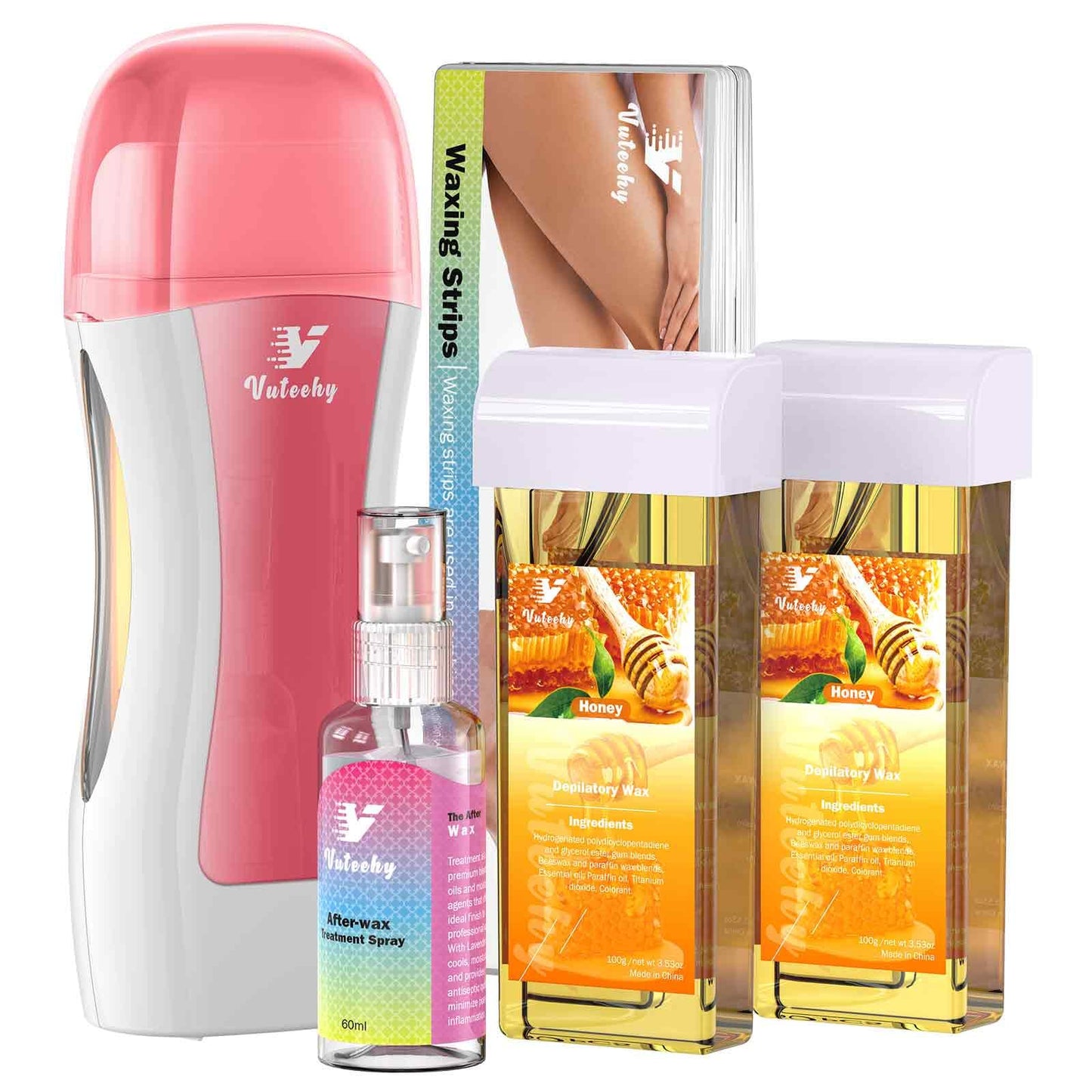 Vuteehy Roll on Waxing Kit, Roll On Wax kit for Hair Removal At Home, Waxing Kit for Women Men, Soft Wax Heater for Larger Areas of the Body, with 2 Honey Cartridges and 50 Wax Strips