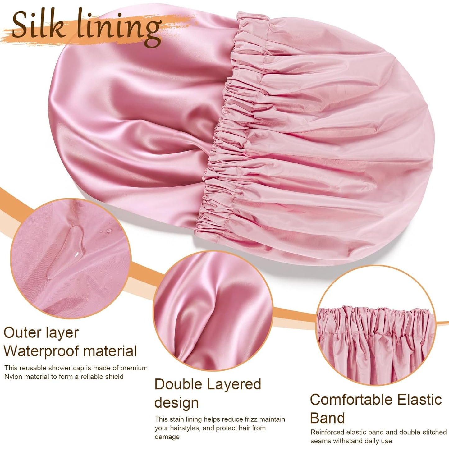Satin Lined Shower Cap for Women - Reusable Waterproof Hair Protection | Large Washable Pink Cap