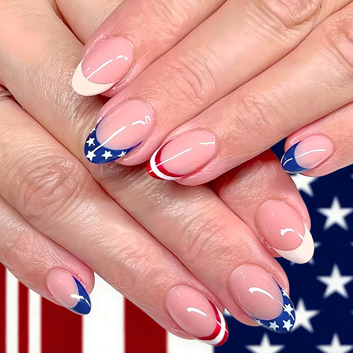 24Pcs 4th of July Press-On Nails - Medium Square Red, Blue & White Glitter Designs | Reusable Patriotic Acrylic Nails for Women
