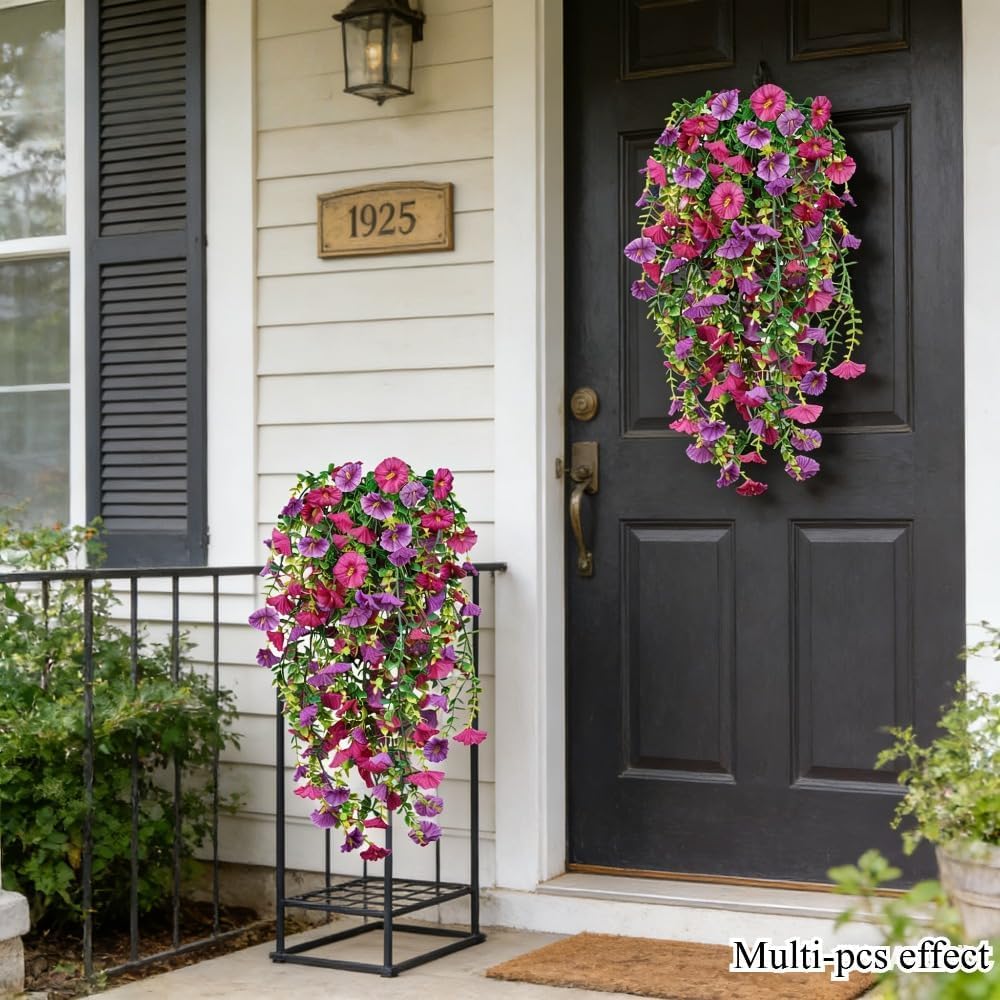Artificial Hanging Flower Basket - UV Resistant Faux Silk Petunias & Morning Glory | Rose Red & Purple Mix for Outdoor Decor