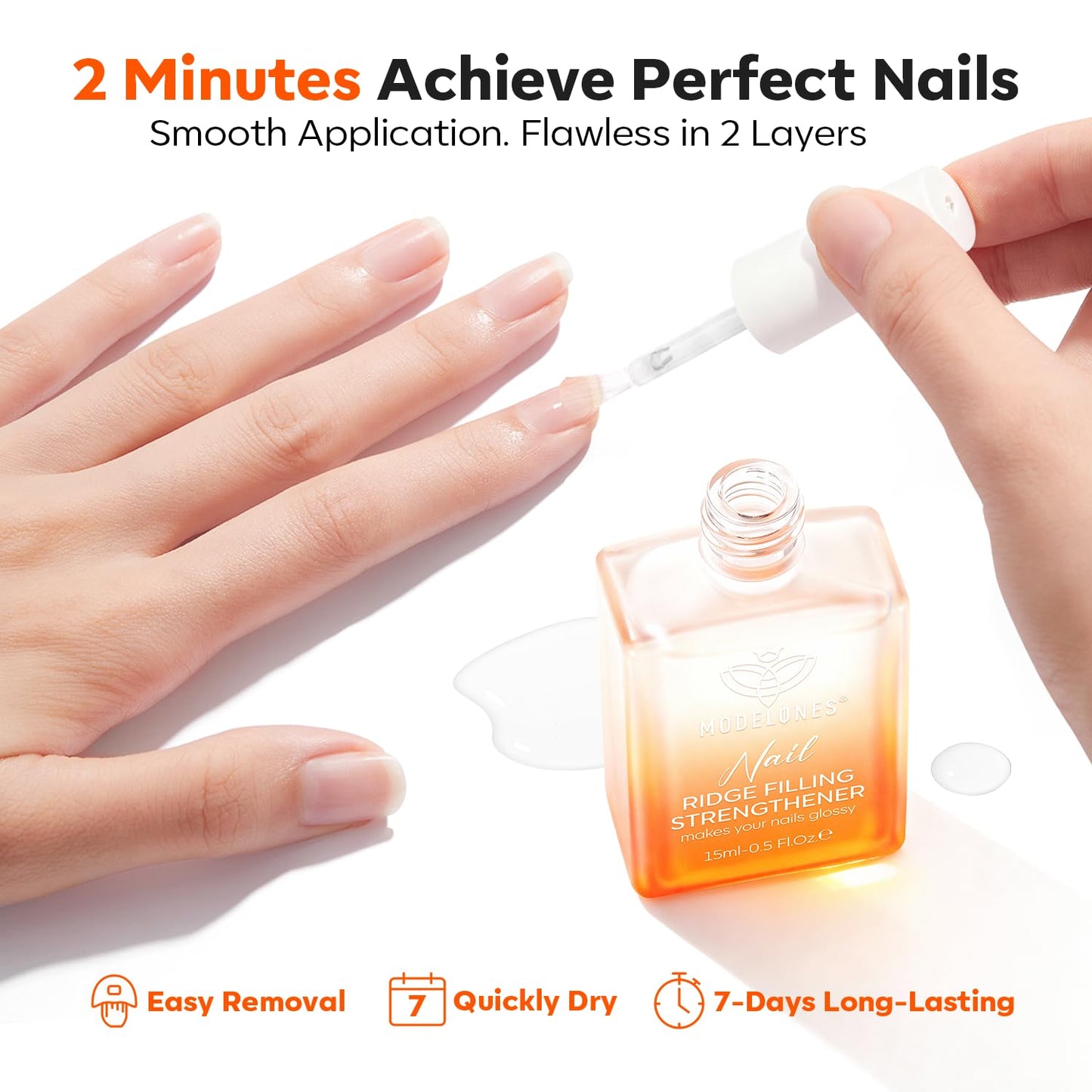modelones Nail Strengthener and Growth, No Harsh Smell Pure Clear Nail Polish for Damaged Thin Brittle Nails Toenails Hardener, Quick Dry Ridge Filler and Concealer Effect DIY Salon 15ml