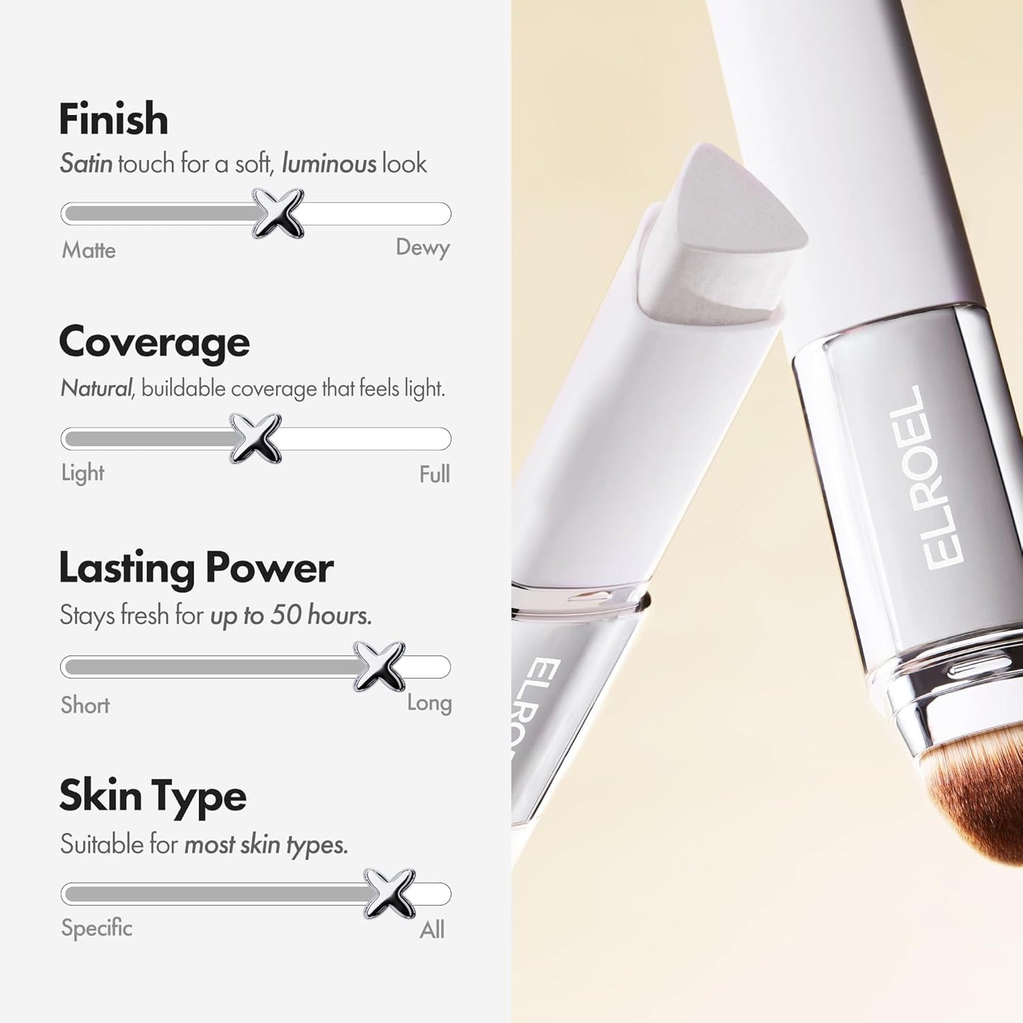 ELROEL Blanc Cover Cream Stick | Korean Color-Changing Foundation - Medium to Full Coverage, Dewy Finish - Dual-Ended with Brush (200 Fair)