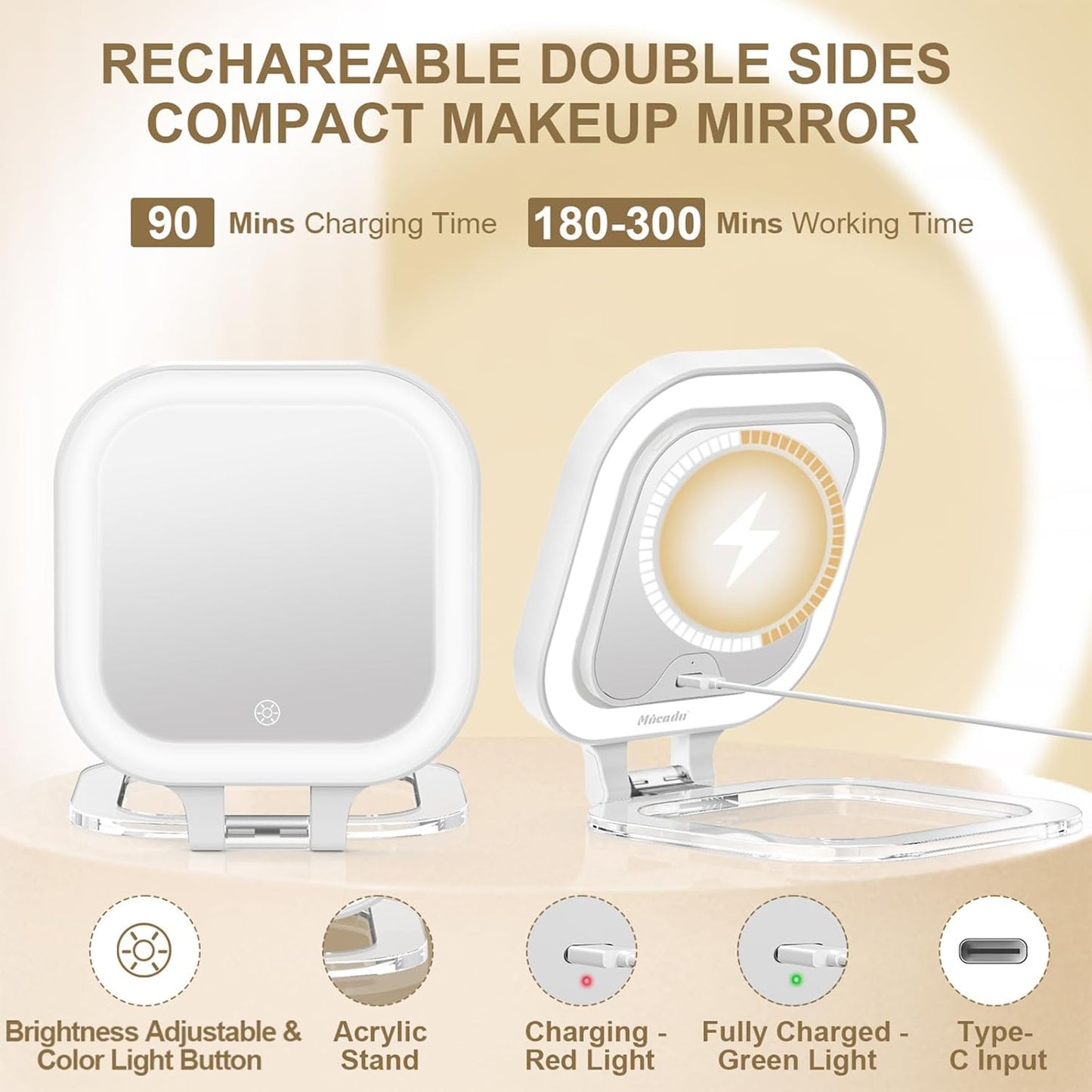 Compact Travel Makeup Mirror - 1X/10X Magnifying Lighted Mirror | Dimmable & Rechargeable for Purse (White)