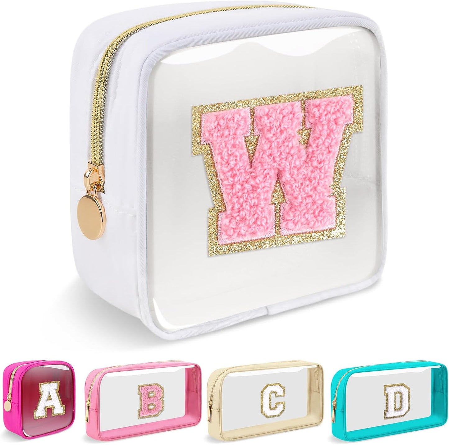 Personalized Initial Makeup Bag - Waterproof Nylon Cosmetic Pouch | A-Z Chenille Letter Patch, White-Pink G
