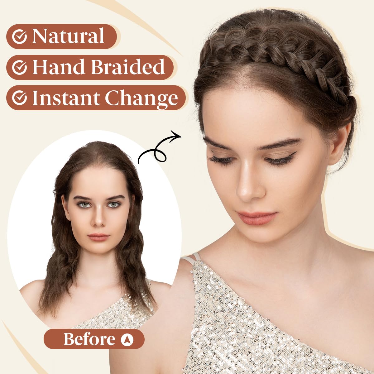 Wide Elastic Braided Headbands for Women - Adjustable Synthetic Hair Hairpiece | Dark Brown