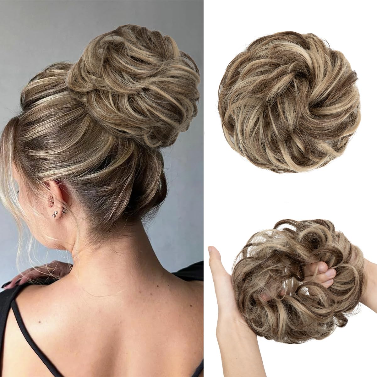 Large Messy Bun Hair Piece - Wavy Curly Synthetic Chignon Ponytail Extensions | Thick Updo in Light Auburn