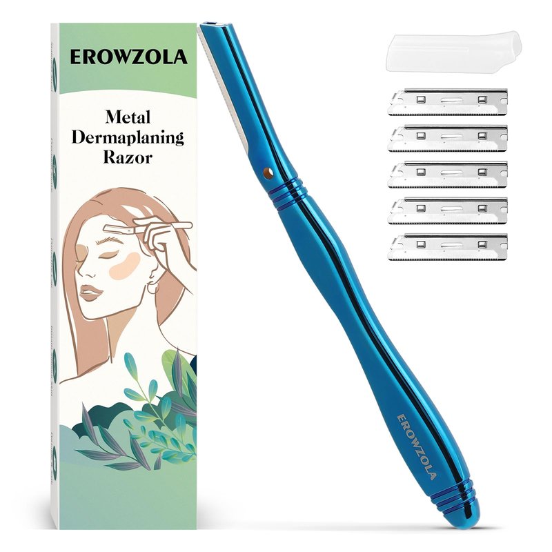 EROWZOLA Eyebrow Razor for Women and Men, Face Razors for Women, Dermaplane Razor with Protective Silicone Cover, Reusable Metal Handle with 6 Refill Blades, Skin Care Tool - Blue