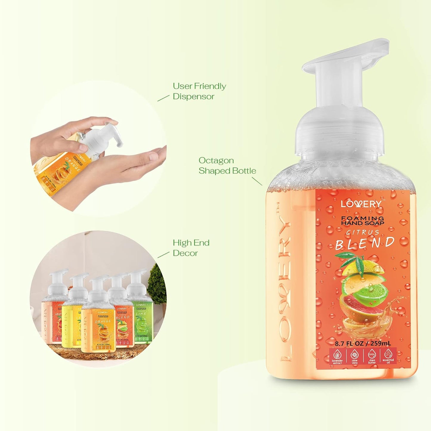 Moisturizing Foaming Hand Soap Pump - 5-Pack | Aloe Vera & Essential Oils, Citrus Blend Fragrances for Kitchen & Bathroom