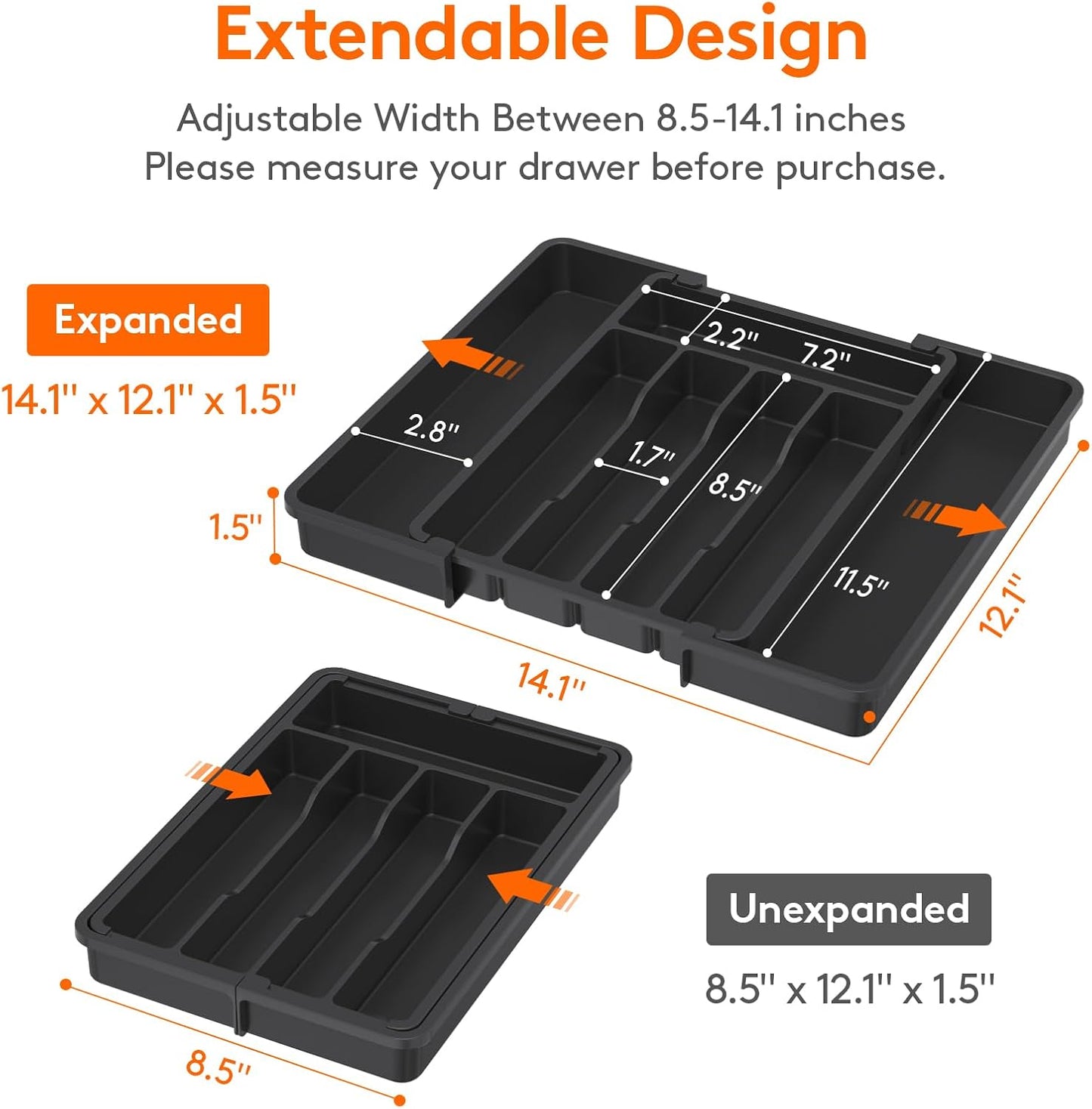 Expandable Silverware Organizer - BPA-Free Plastic Utensil Tray for Kitchen Drawer | Space-Saving Cutlery Holder, Black, 8.5-14 x 12 x 1.5 Inch