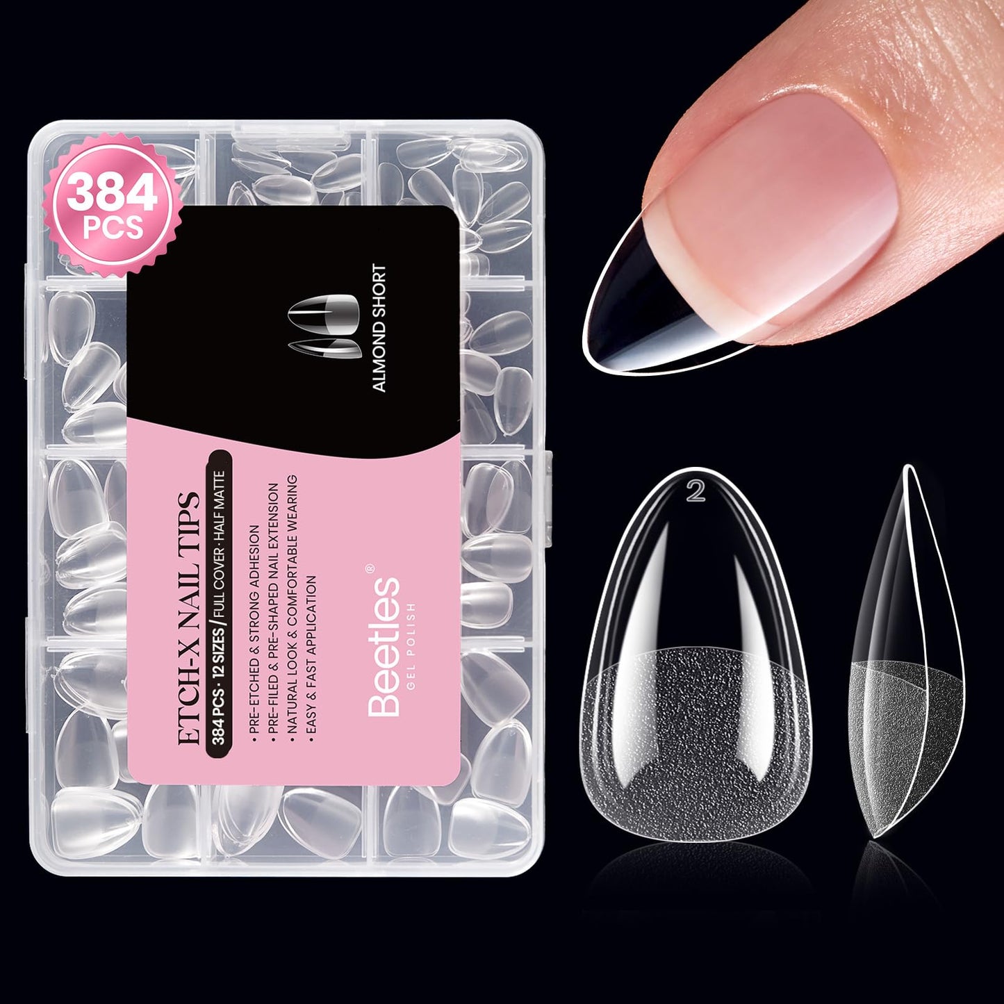 Beetles Gel Nail Tips Etch-X- Almond Short, 384pcs 12 Sizes, Pre-Etched Half Matte Full Cover Soft Gel Nail Tips, Press on False Nail Extension Acrylic Fake Nails, Easy DIY Salon Art