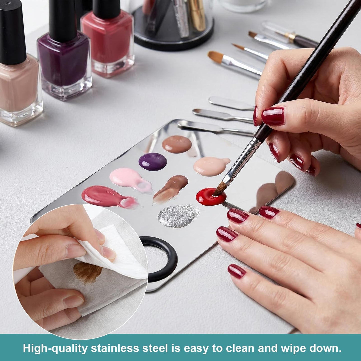 5 Pcs Professional Stainless Steel Makeup Palette with Foundation Brush and 3 Spatula Tool for Nail Art Eye Shadow Eyelash Makeup, Make up Accessories Set for Women Girl (4.5 × 3 Inch Silver)