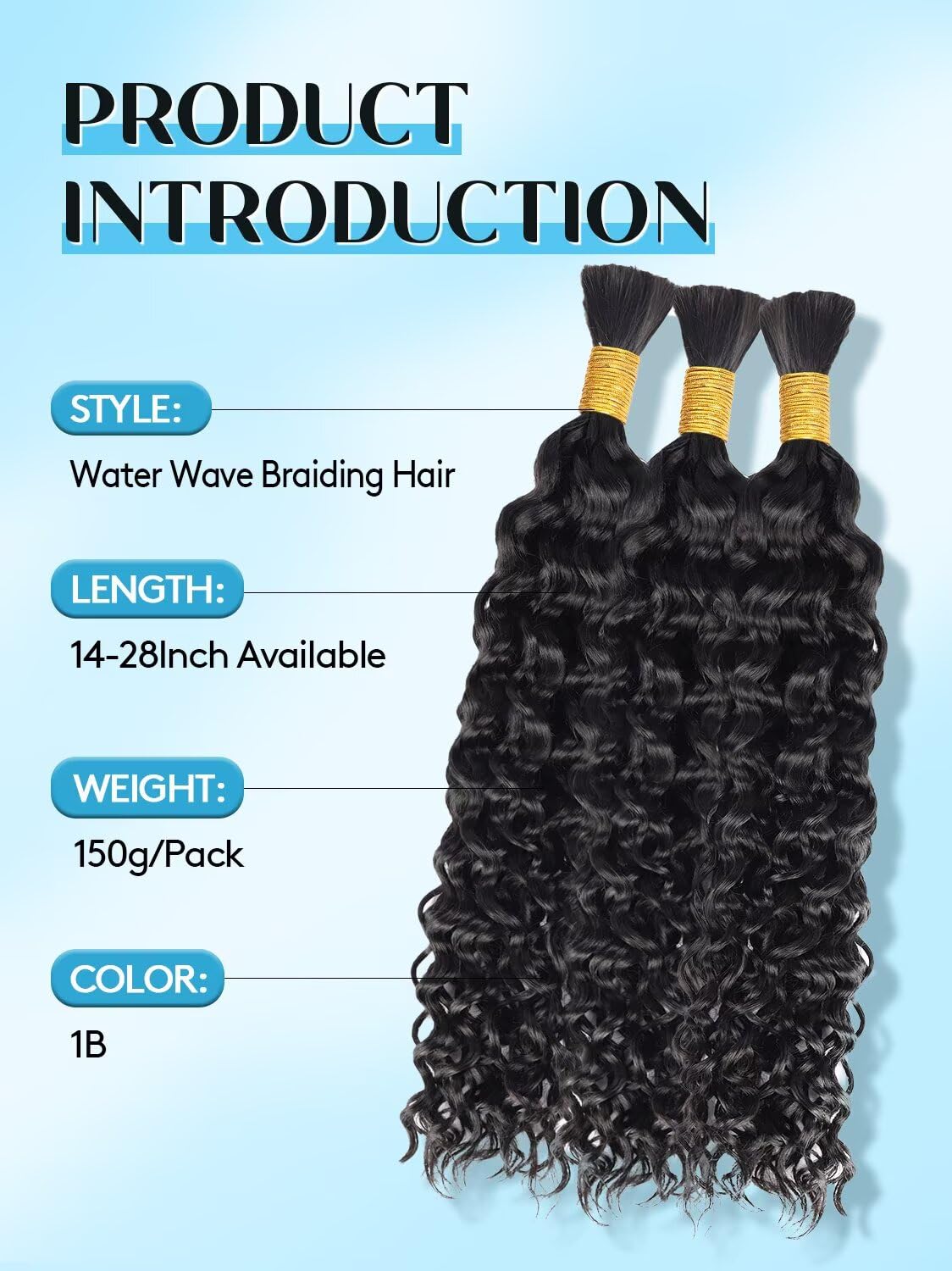 Curly Virgin Human Braiding Hair - 24 Inch Knotless Water Wave | 150g 3 Bundles Natural Black for Boho Styles