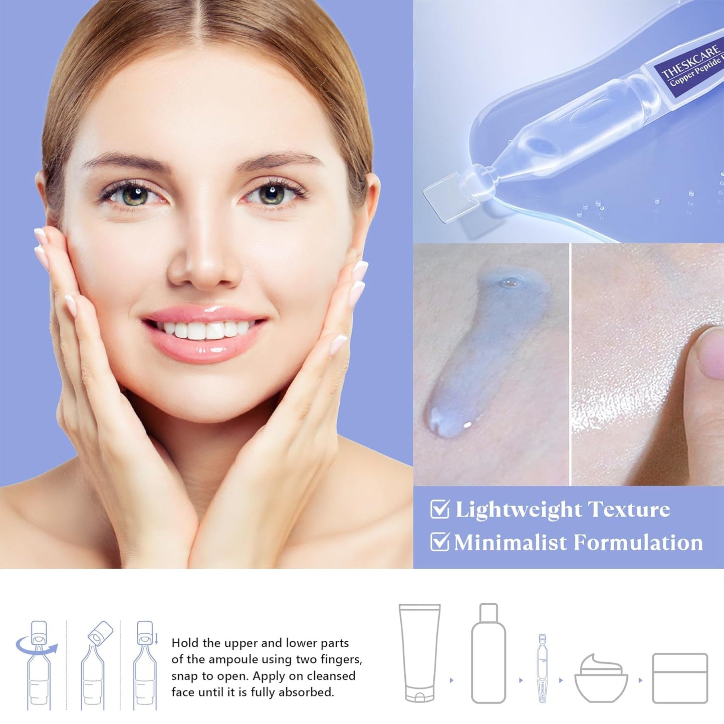 Copper Peptide Serum Ampoule for Face - Hydrating Niacinamide & Hyaluronic Acid | 30 Count