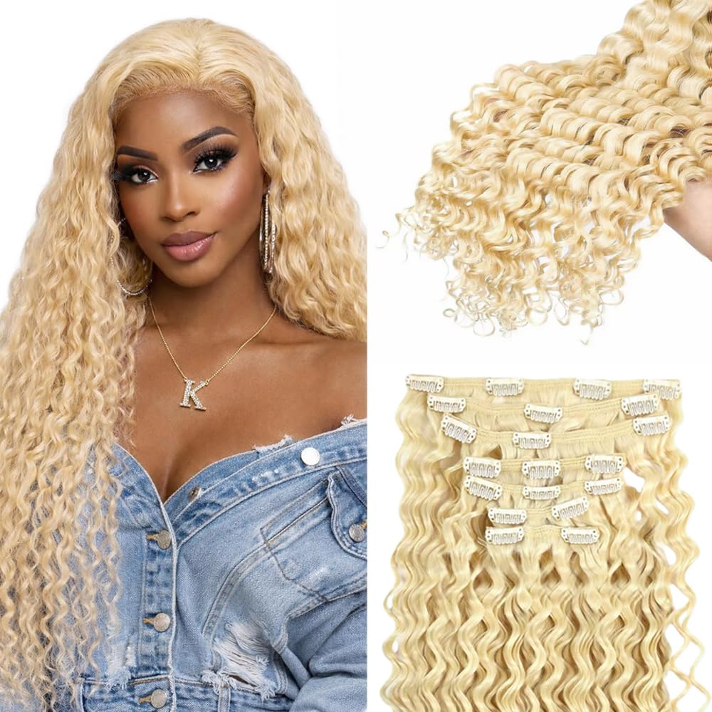 14 Inch #613 Clip in Hair Extensions Real Human Hair 120g/7Pcs,Full Shine Honey Blonde Remy Human Hair,#613 Blonde Body Wave Clip ins Brazilian Virgin Human Hair Extensions