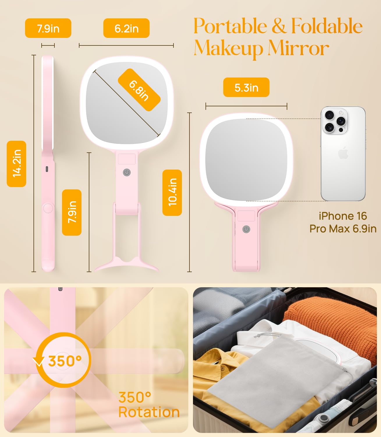 Gospire 6.8" Travel Vanity Mirror, 3-in-1 Hanging/Handheld/Desktop Use with Dual-Side Buttons, 1X/10X Magnification, 3-Color Dimmable LED, Auto Memory + Velvet Pouch (Pink)