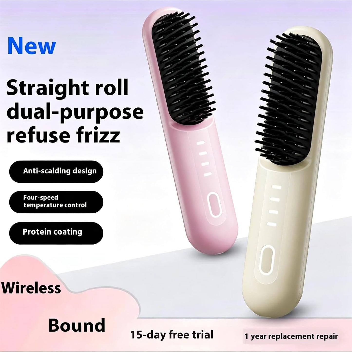 Cordless Straightening Brush for Short Hair - Ionic & Ceramic Care, Fast 30s Heat, 4 Temp Settings | USB-C Rechargeable, Pink