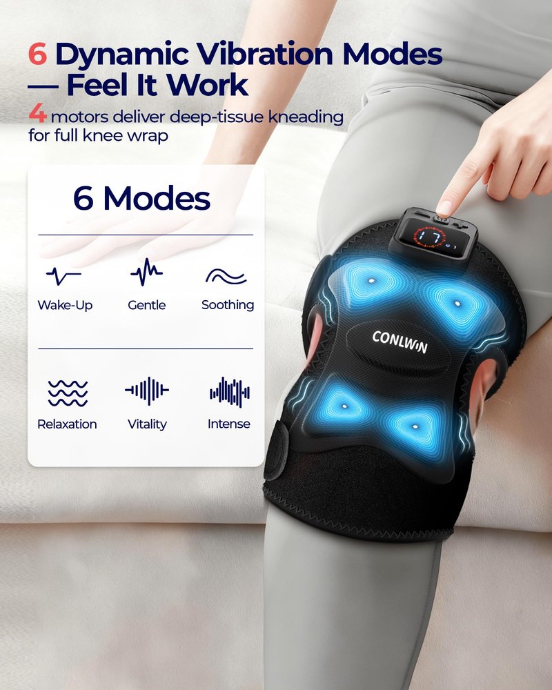 CONLWIN 4-in-1 Cordless Knee Massager with Heat and Red Light Therapy for Knees, 6 Vibration & 4 Pulses Knee Pain Relief Device for Shoulder Elbow, Perfect for Women Men Seniors