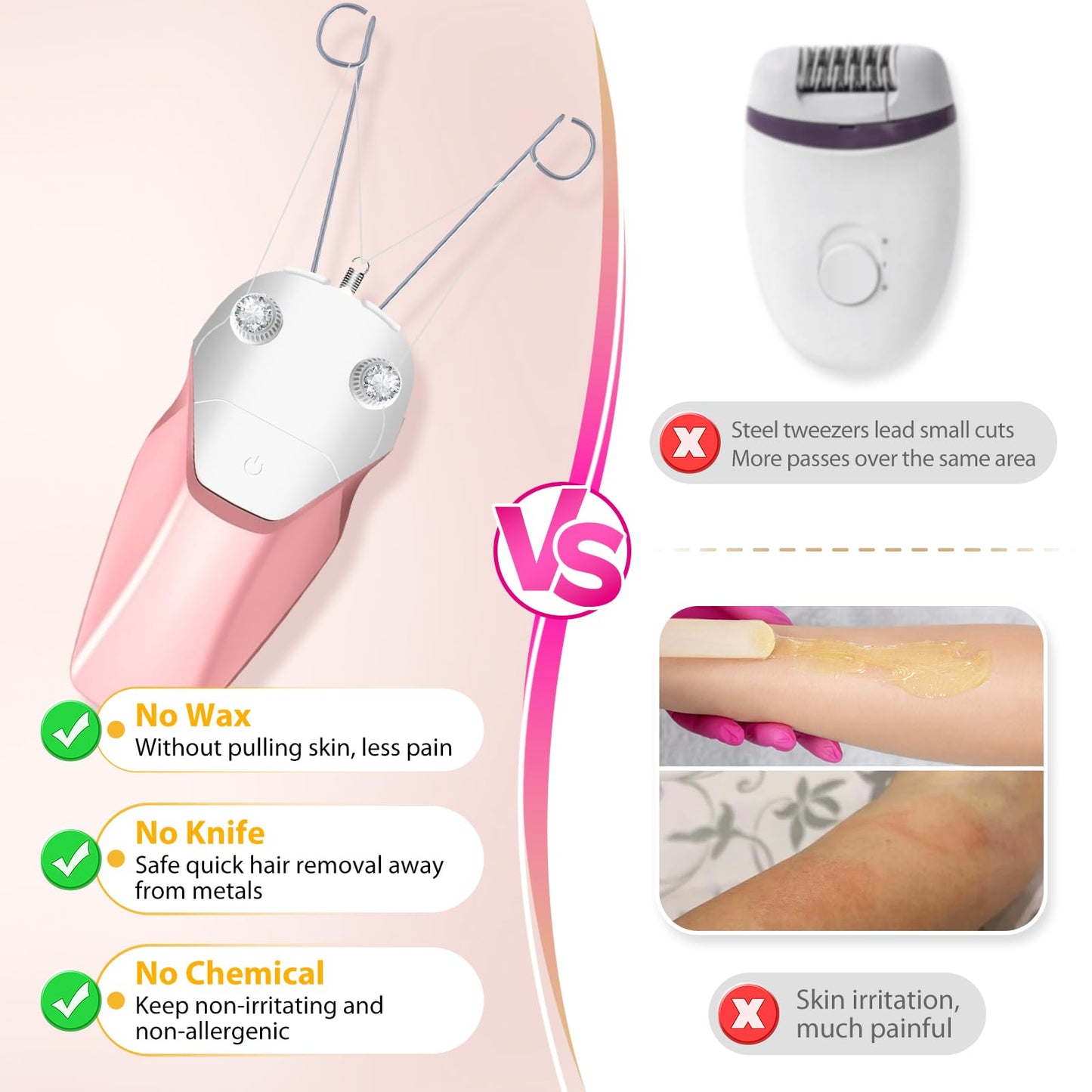 WAYCOM Facial Threading Hair Removal for Women, USB Rechargeable Electric Hair Removal Device - Threading Epilator Face Razors for Women, Chin, Lip, Arms, Legs, Cotton Thread & Pearl Powder Included