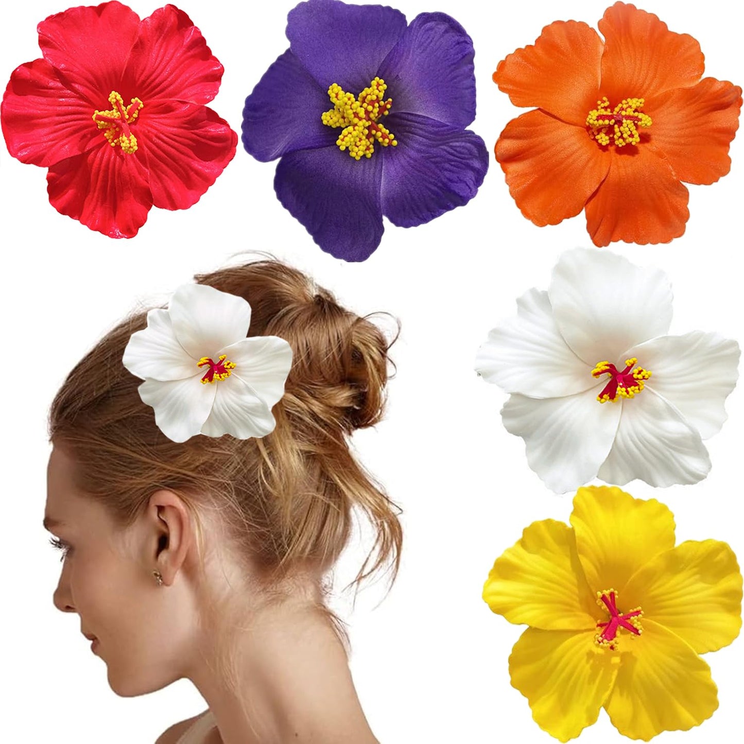 Hawaiian Hair Clips - 5PCS Artificial Flower Plumeria Claw Clips for Wedding & Beach Party | Hibiscus Design