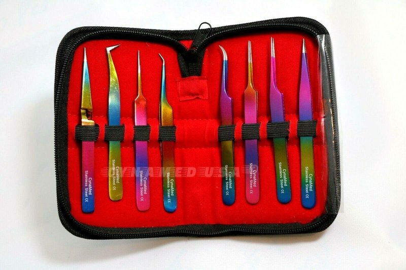 Cynamed-Set of 8 Piece German Stainless Steel Titanium Color Eyelash ExtensionTweezers