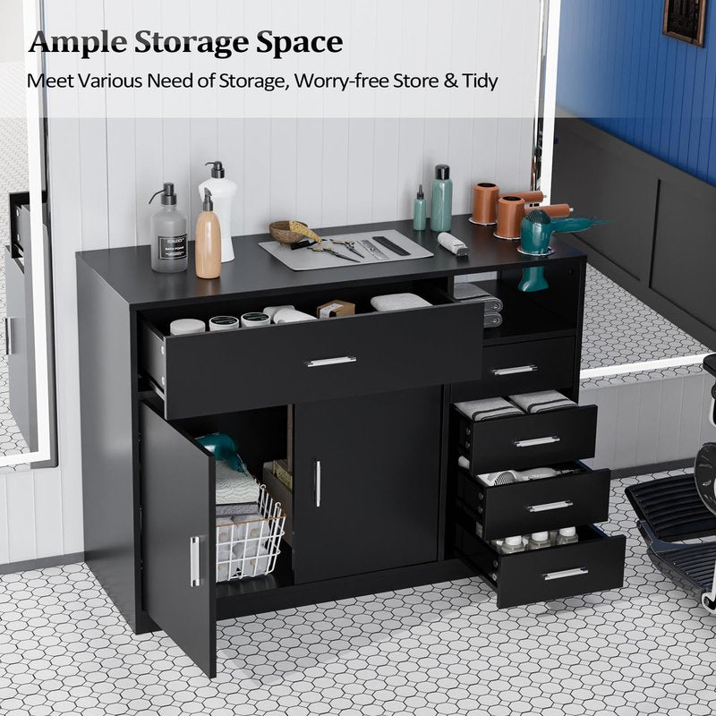 OmySalon Salon Station Free Standing Cabinet, Barber Hair Styling Stations, Beauty Spa Equipment with 5 Drawers, 1 Storage Cabinet, 3 Hair Dryer Holders, Black