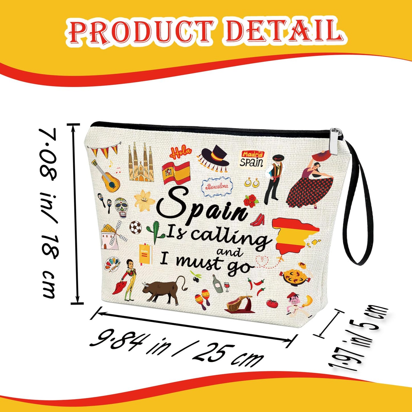 Virfuntaki Spain Gift Europe Cruise Trip for Women Girl Makeup Bag Travel Spain Souvenir Cosmetic Case Spain Vacation Present Zipper Organiser Pouch Spanish Spain Decor