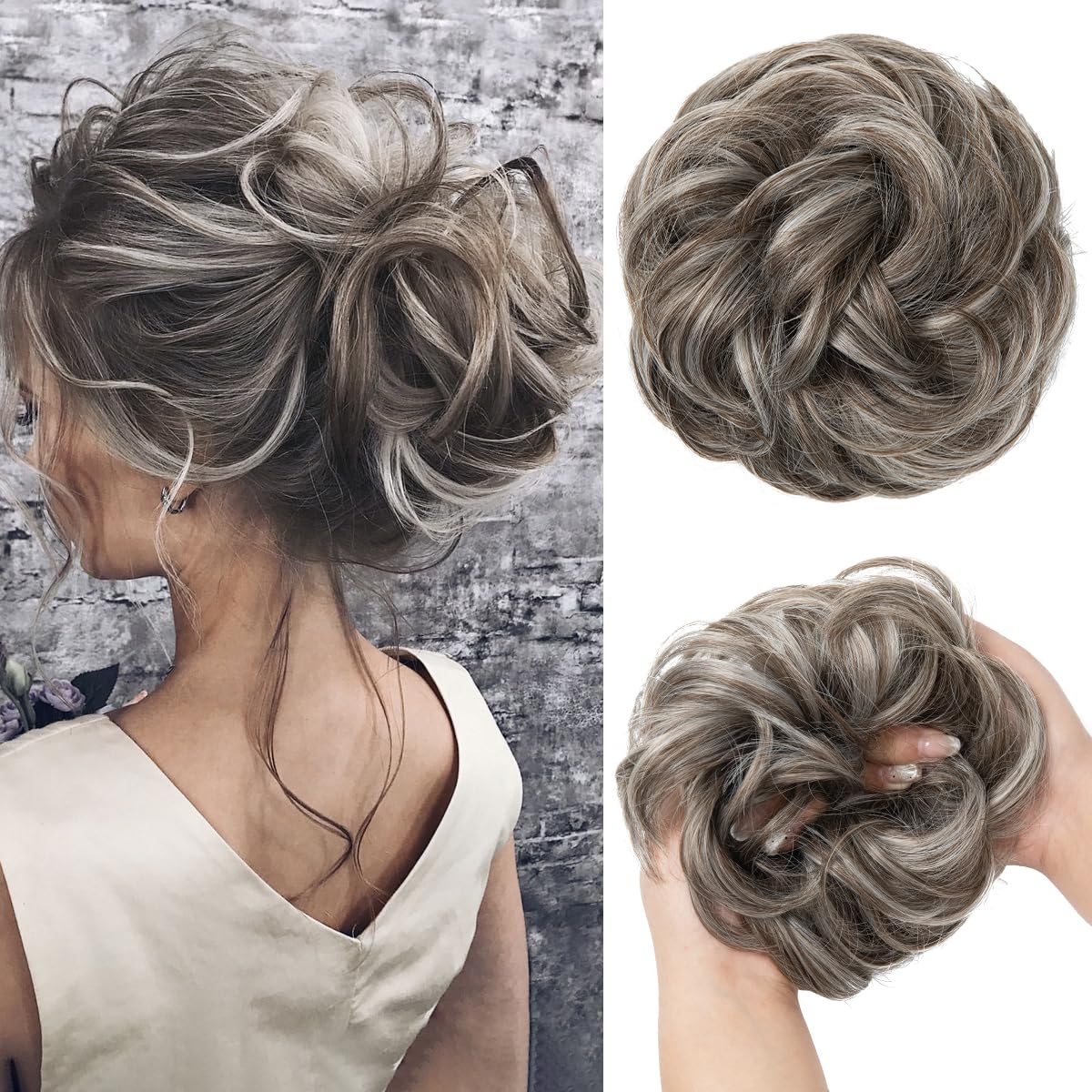 Large Messy Bun Hair Piece - Wavy Curly Synthetic Chignon Ponytail Extensions | Thick Updo in Light Auburn