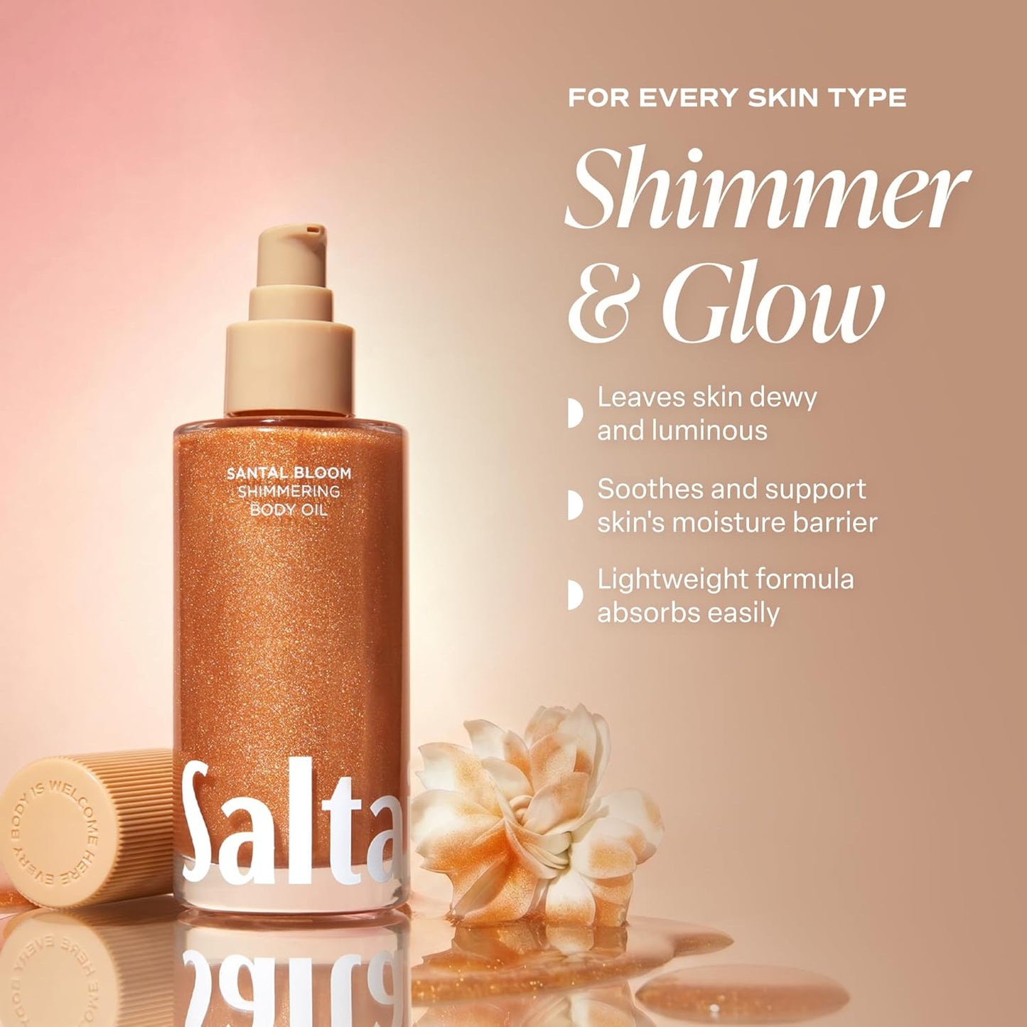Shimmering Body Oil - Santal Bloom Scented Moisturizer with Light-Reflecting Pearls | 4 Fl Oz