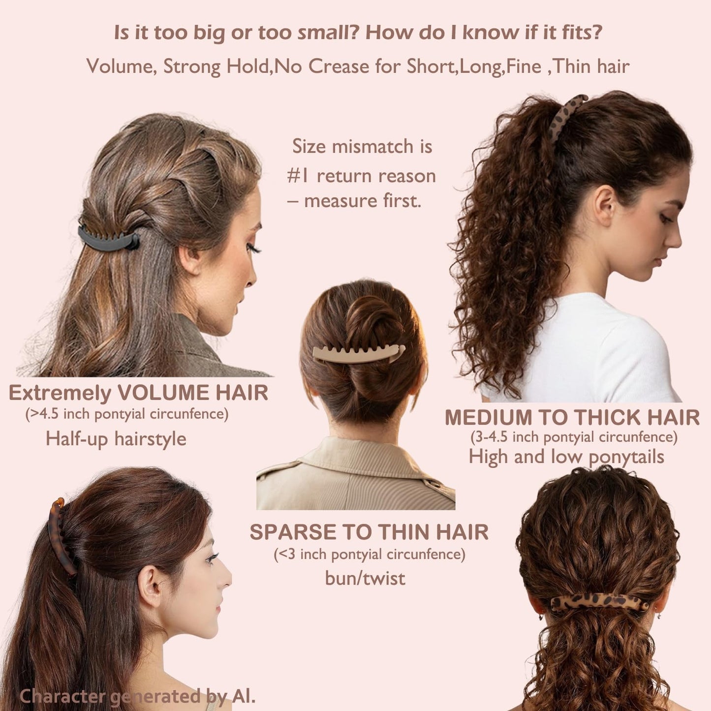 Vrose Flosi Retro Banana Clip Effortless French styling fr 3-4.5" ponytails No Crease No Demage Volume Flat lay design offers headrest comfort Durable dual-lock teeth secure hold Y2K hair Accessories
