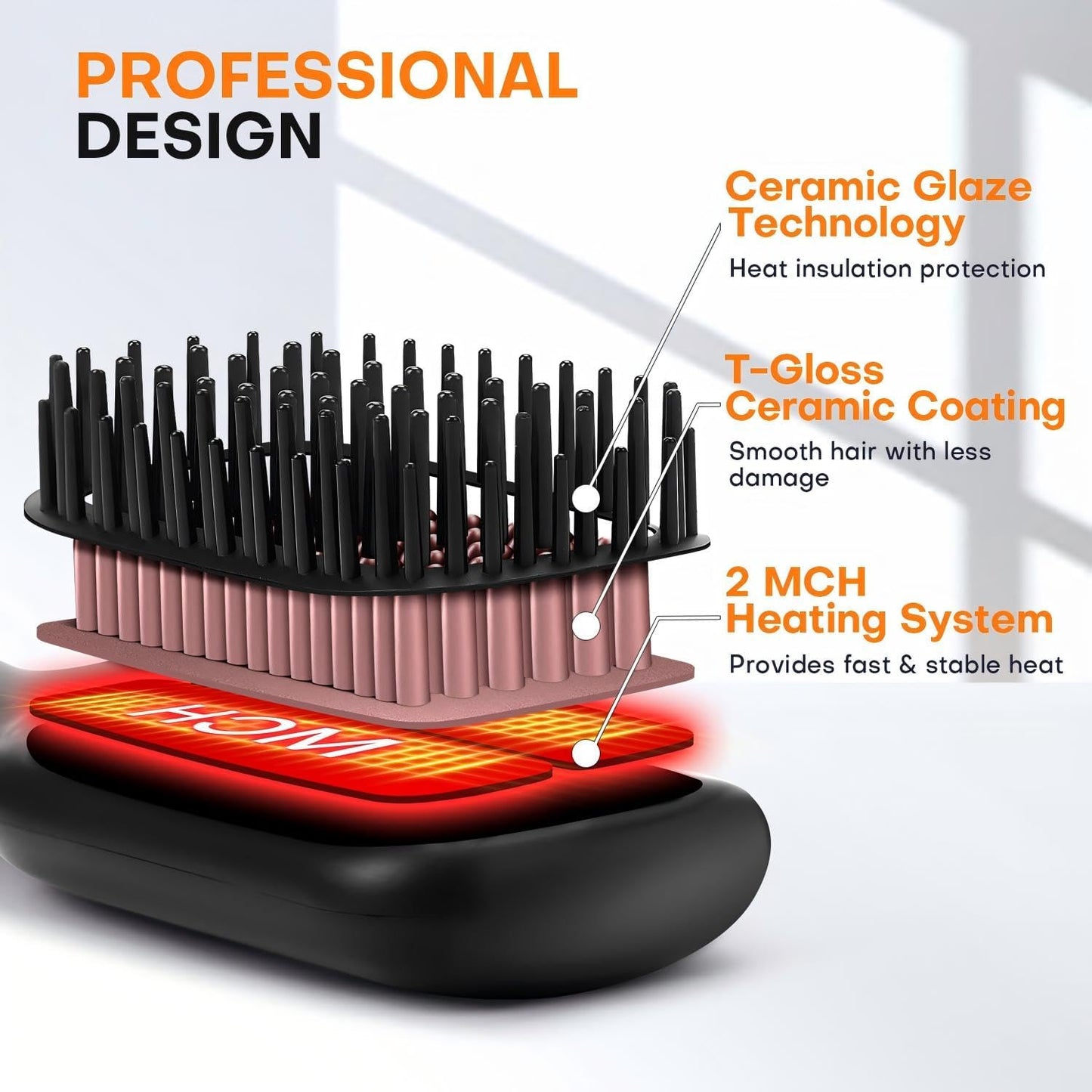 Hair Straightener Brush - Ceramic Ionic Hair Straightener Comb for Women | 20s Fast Heating | 2-in-1 Flat Iron & Brush, Black