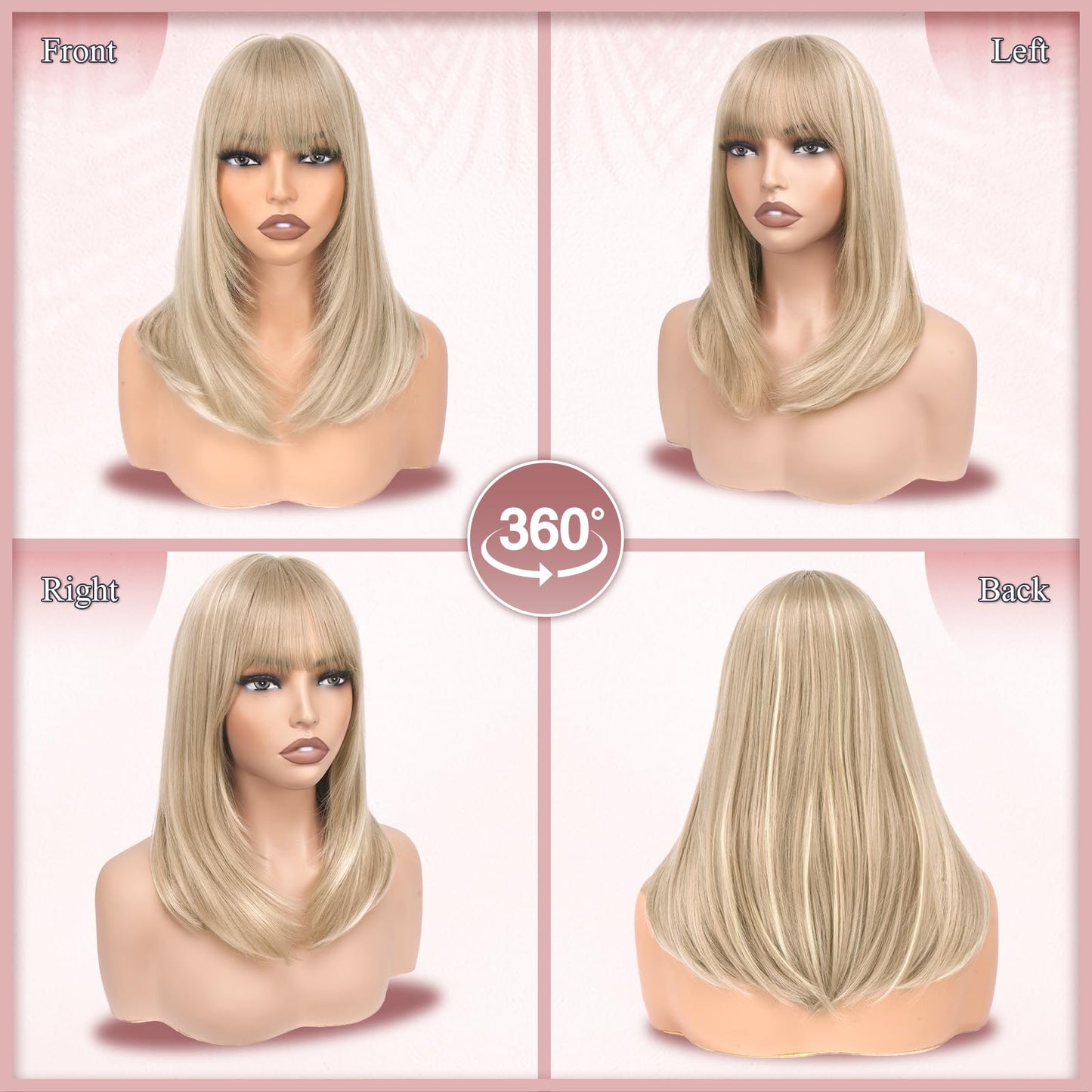 Haloo Blonde Bob Wigs with Bangs Shoulder Length Straight Natural Looking Synthetic Heat Resistant Medium Hair Wigs for Women Daily Party, 16 Inch Dirty Blonde