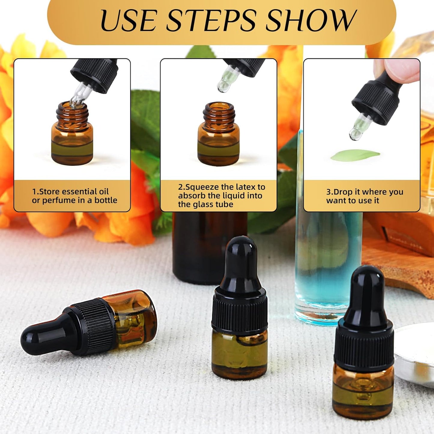 Amber Glass Dropper Bottles - 1ml Serum Travel Containers | Ideal for Essential Oils, Tinctures, & Cosmetics