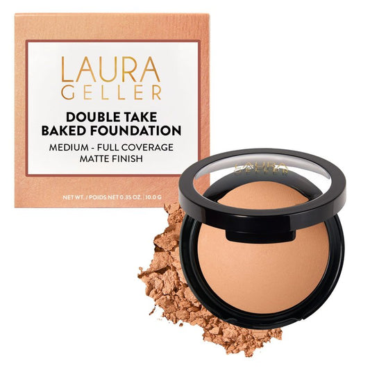 LAURA GELLER NEW YORK Baked Double Take Powder Foundation – Longwear Buildable Medium to Full Coverage – Matte Finish – Non-Caking Formula– Handmade in Italy – Mature & Sensitive Skin – Medium