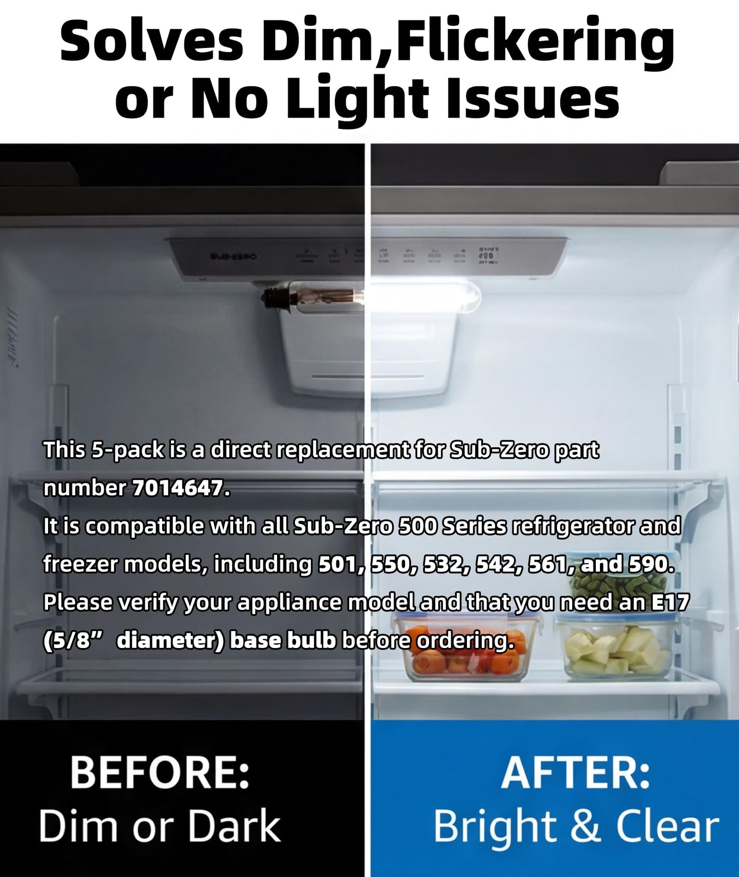 TELSOLARE 4-Pack 7014647 Refrigerator Light Bulb Replacement for Sub-Zero 500 Series (501, 550, 532, 542, 561, 590) - 120V 40W E17 Base Freezer & Fridge Bulbs