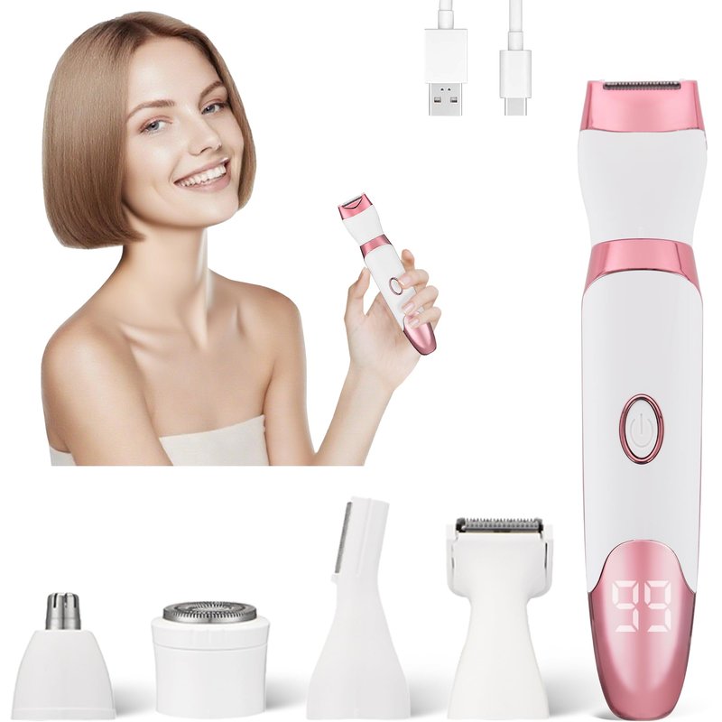 Bikini Trimmer for Women with LED Display - 5-in-1 Rechargeable Electric Shaver, Painless Pubic Hair Trimmer for Face Nose Eyebrow Arms Armpit Legs Pubic Area (Pink)