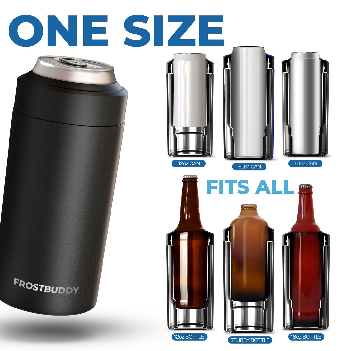 Frost Buddy Universal Can Cooler - Fits All - For Regular 12 & 16 oz or Slim-Size Bottles - Insulated Double-Walled Stainless Steel (MatteBlack)