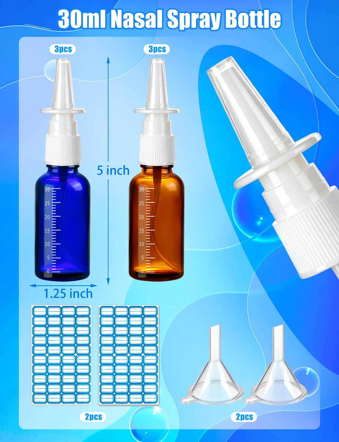 ZHWKMYP 10 Pcs Nasal Spray Bottle, 30ML/1oz 6Pcs Empty Refillable Brown Blue Scale Nasal Nose Spray Bottles with 2 Funnels and 2 Labels