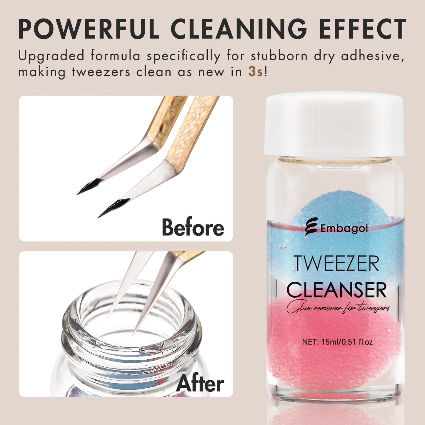 Embagol 2 Bottles Tweezer Cleanser for Eyelash Extensions Tweezers Glue Remover Liquid for Lash Tools with 2 Spongeballs(2 Bottles Cleanser)