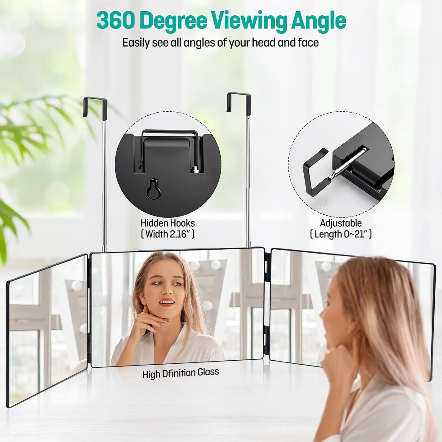 Tri-Fold 3-Way Mirror for Self Hair Cutting - 360° View, Height Adjustable, Anti-Fog HD Glass | Perfect for Shaving, Braiding, Travel